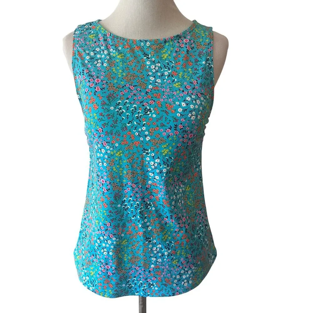 Lands End Floral Tankini Tank Top Womens Size 4 Turquoise UPF 50 Swim Beach